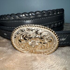 Crumrine Silver Floral Western Belt Buckle w/ Dun Dee Full Grain Leather Belt
